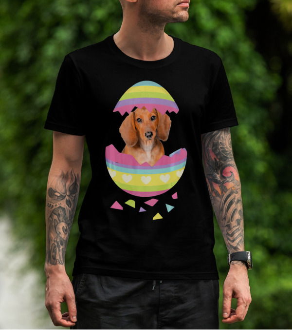 Dachshund In Colorful Easter Egg With Heart Stripes T-Shirt