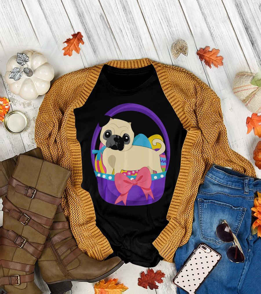 Easter Pug Dog in Colorful Basket with Eggs and Bow T-Shirt