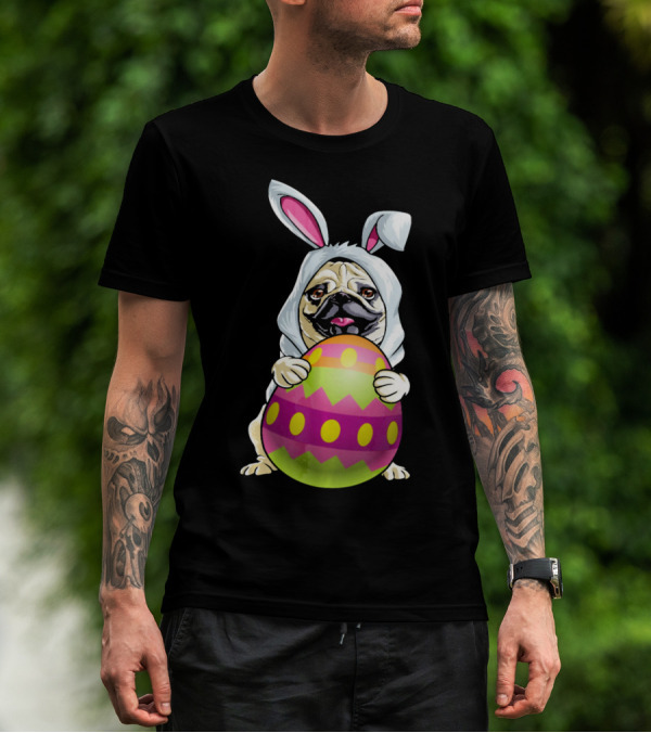 Pug Dressed As Easter Bunny Holding Colorful Easter Egg T-Shirt