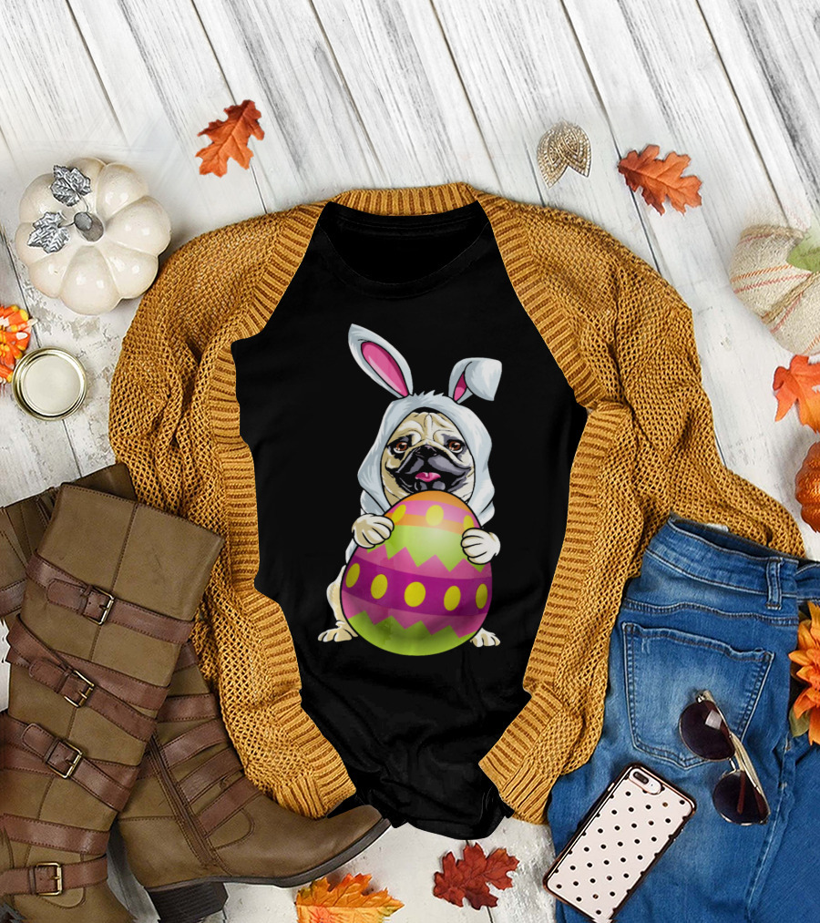 Pug Dressed as Easter Bunny Holding Colorful Easter Egg T-Shirt
