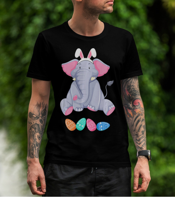 Funny Easter Elephant With Bunny Ears And Colorful Patterned Eggs T-Shirt