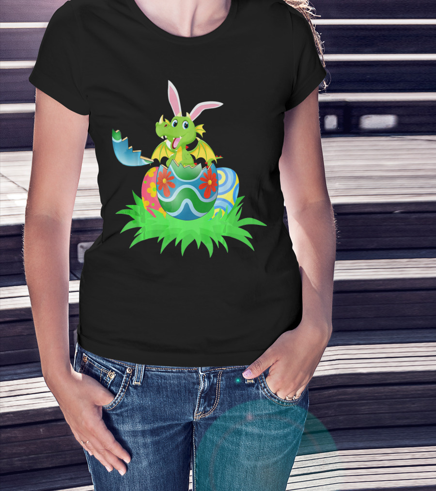 Easter Dragon Egg Hunt With Bunny Ears And Colorful Eggs In Grass T-Shirt