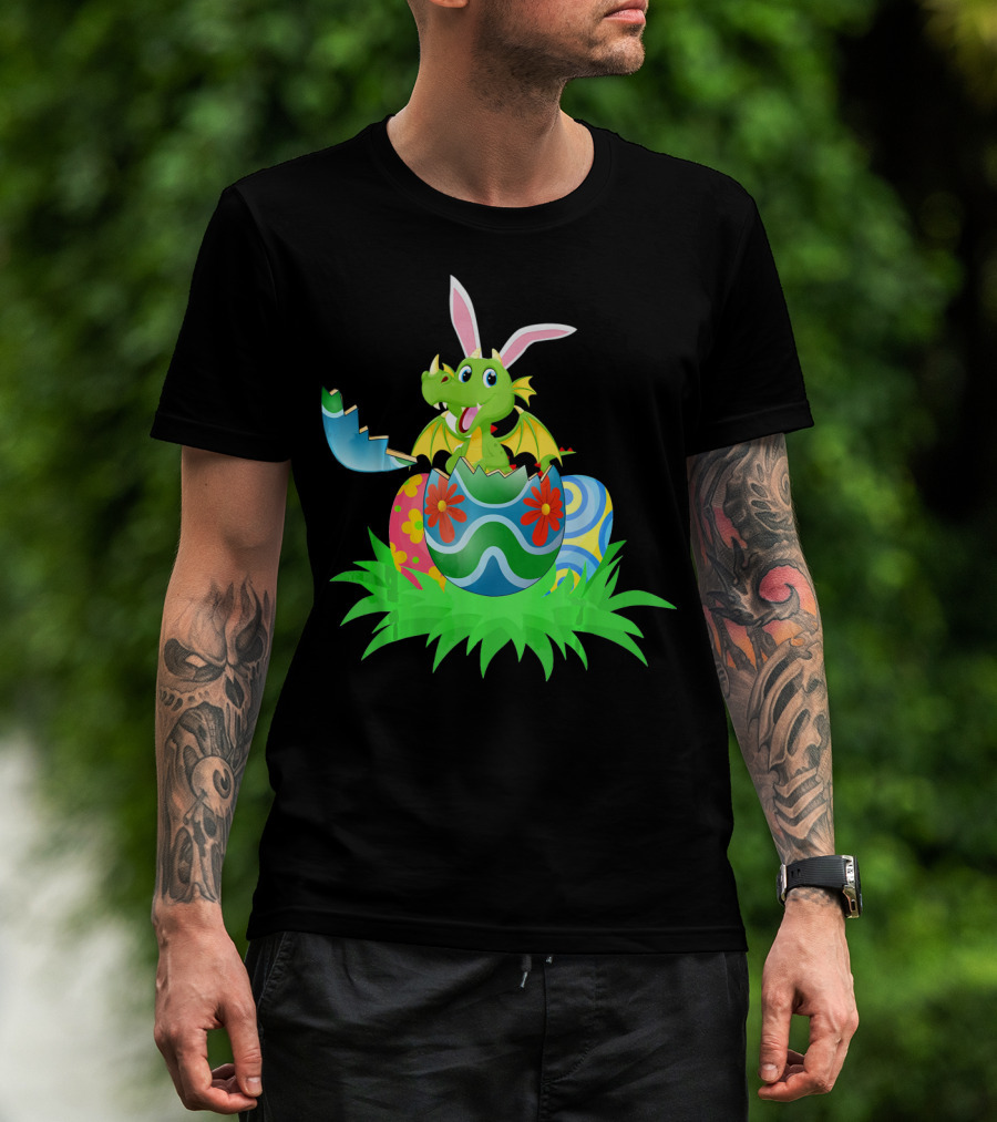 Easter Dragon Egg Hunt With Bunny Ears And Colorful Eggs In Grass T-Shirt