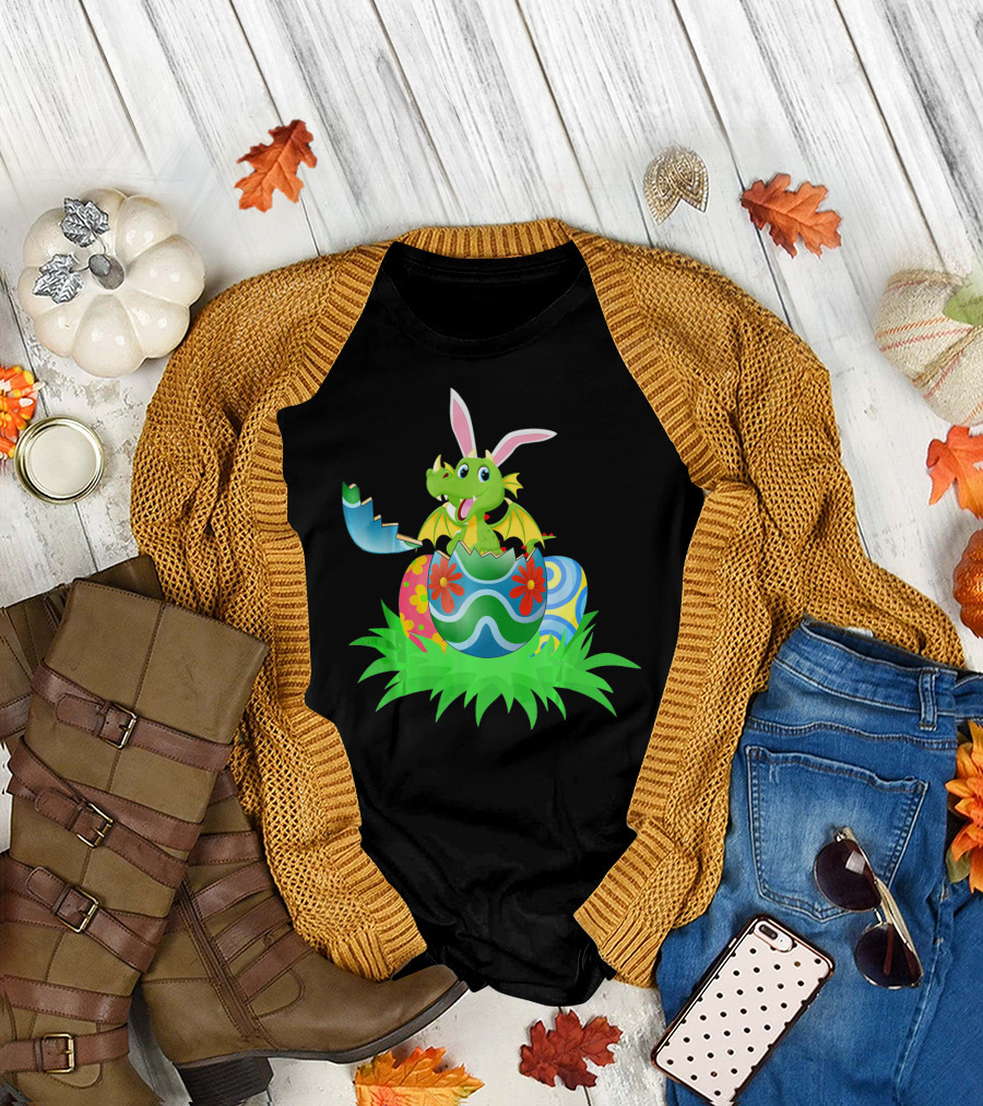 Easter Dragon Egg Hunt with Bunny Ears and Colorful Eggs in Grass T-Shirt