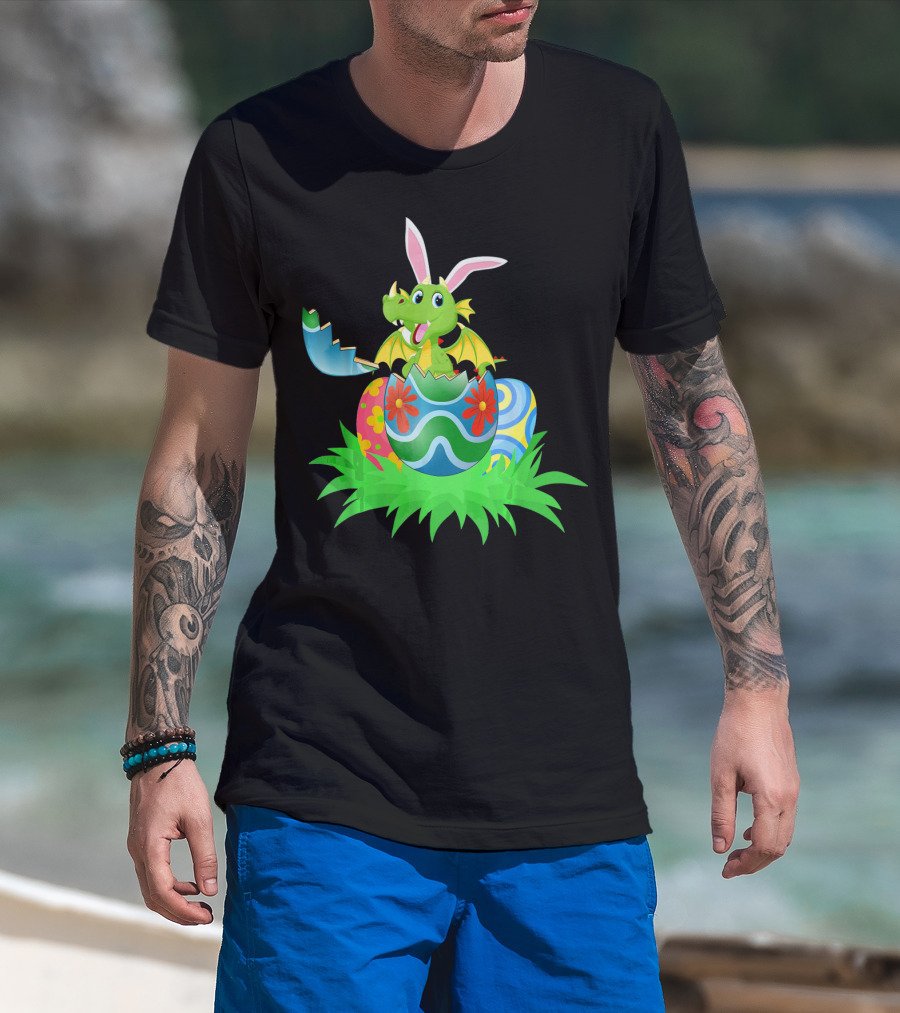 Easter Dragon Egg Hunt With Bunny Ears And Colorful Eggs In Grass T-Shirt