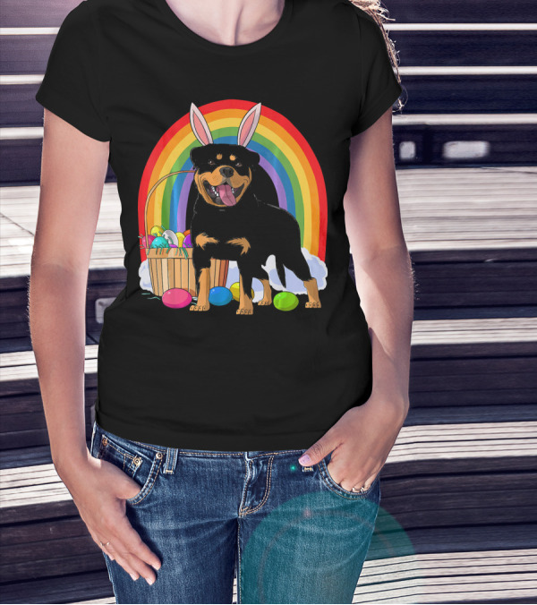 Rottweiler Bunny With Easter Eggs And Rainbow T-Shirt