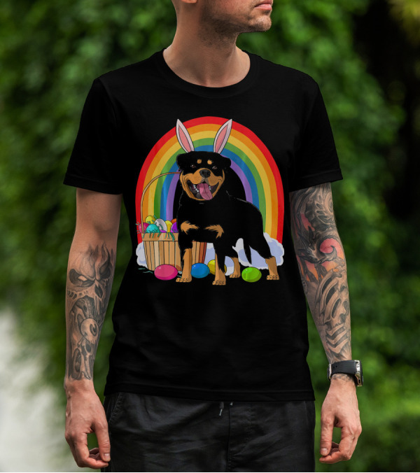 Rottweiler Bunny With Easter Eggs And Rainbow T-Shirt