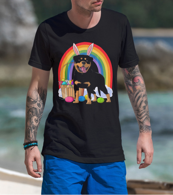 Rottweiler Bunny With Easter Eggs And Rainbow T-Shirt