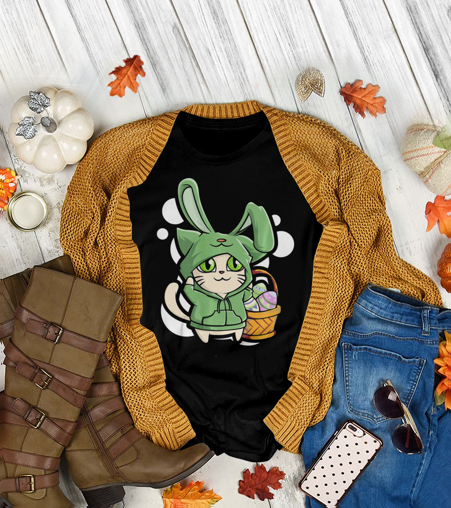Cat Easter Bunny Hoodie Kawaii with Basket of Eggs T-Shirt