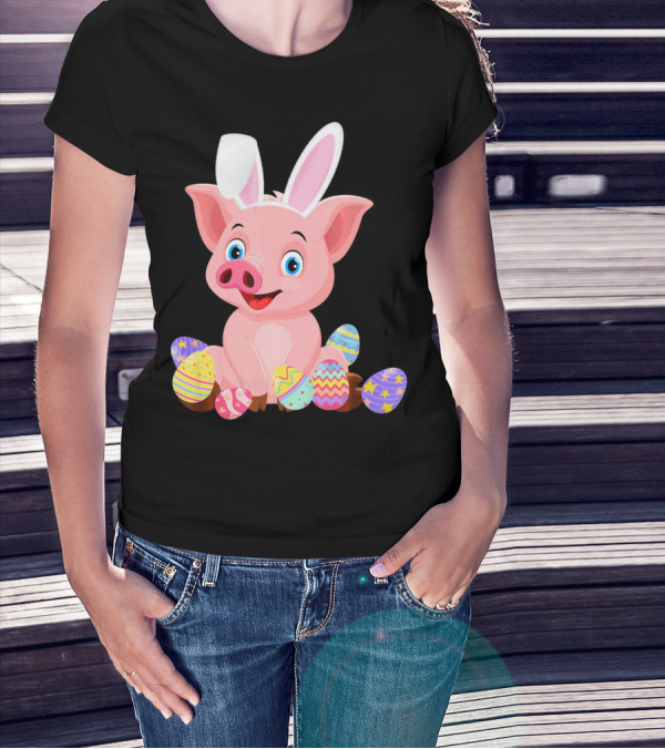 Pig Wearing Bunny Ears Surrounded By Colorful Easter Eggs T-Shirt