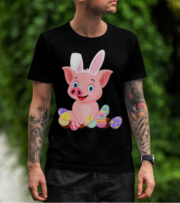 Pig Wearing Bunny Ears Surrounded By Colorful Easter Eggs T-Shirt