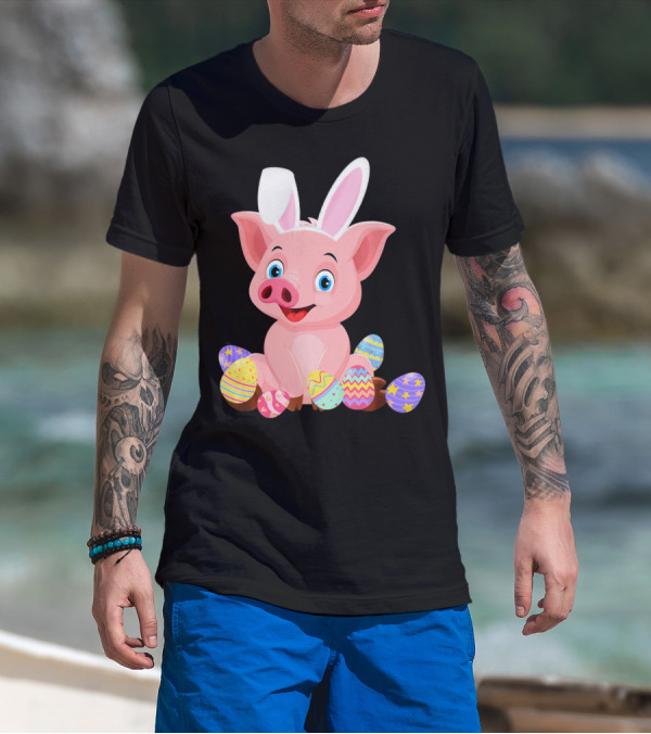 Pig Wearing Bunny Ears Surrounded By Colorful Easter Eggs T-Shirt
