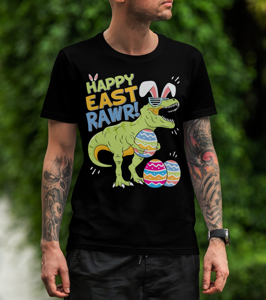 HAPPY EAST RAWR T-Rex Easter Bunny Dinosaur With Eggs T-Shirt