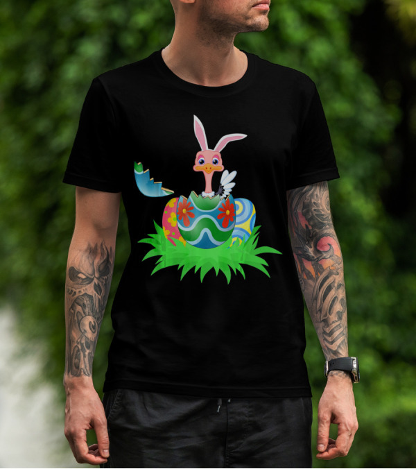 Easter Ostrich Hatching From Colorful Easter Egg With Bunny Ears And Flowers T-Shirt