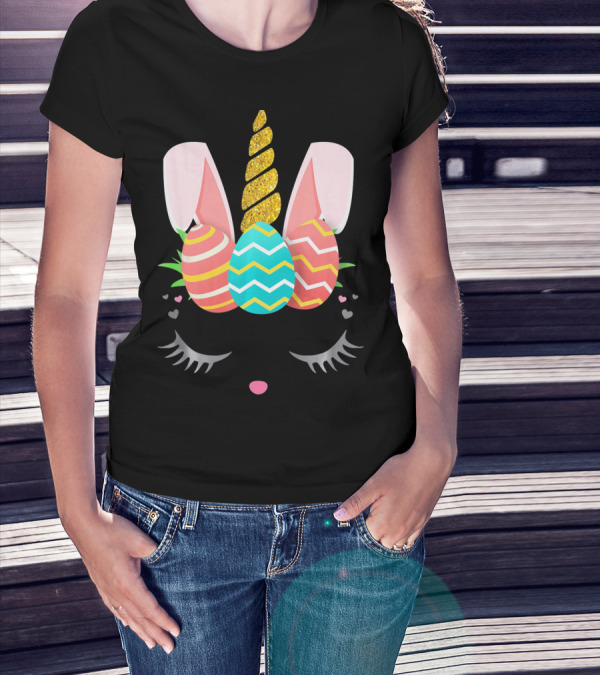 Bunnycorn Easter Bunny Rabbit Face Unicorn Ears Eggs Hearts T-Shirt