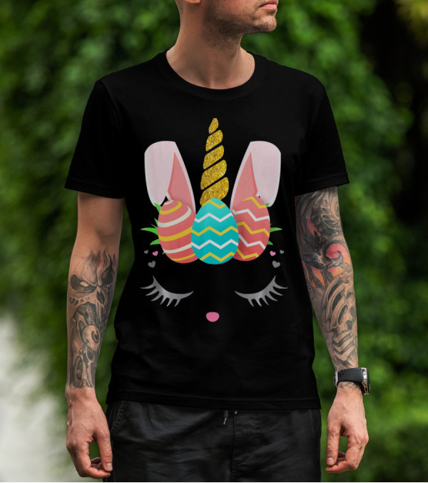 Bunnycorn Easter Bunny Rabbit Face Unicorn Ears Eggs Hearts T-Shirt