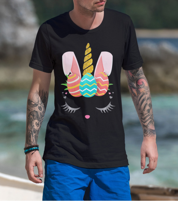Bunnycorn Easter Bunny Rabbit Face Unicorn Ears Eggs Hearts T-Shirt