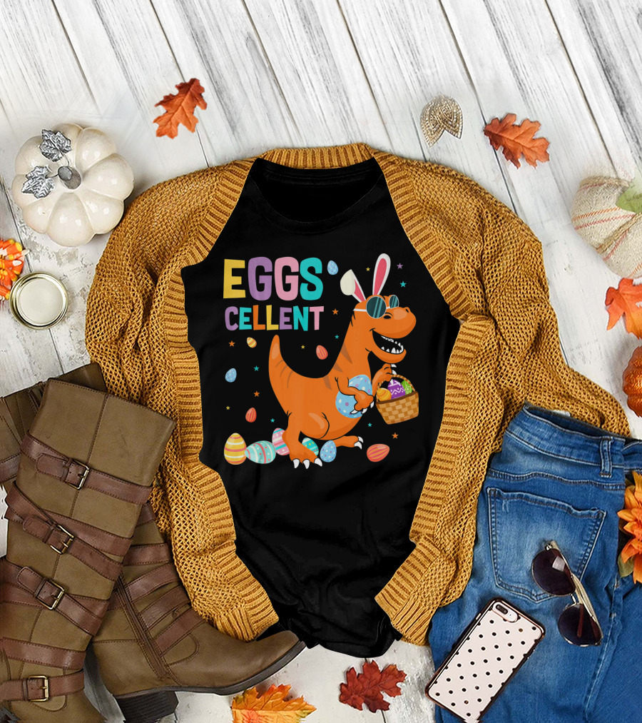 Eggscellent Easter Dinosaur with Bunny Ears and Eggs Basket T-Shirt