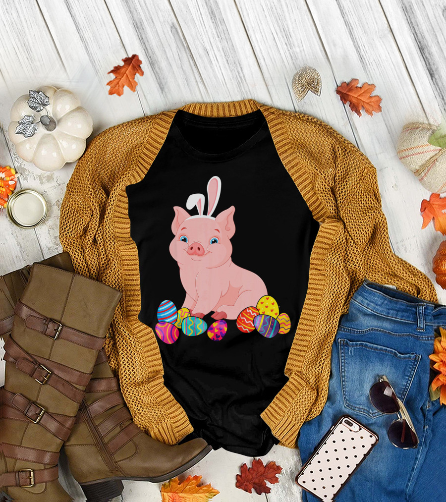 Pig with Bunny Ears Surrounded by Colorful Easter Eggs Easter Day T-Shirt