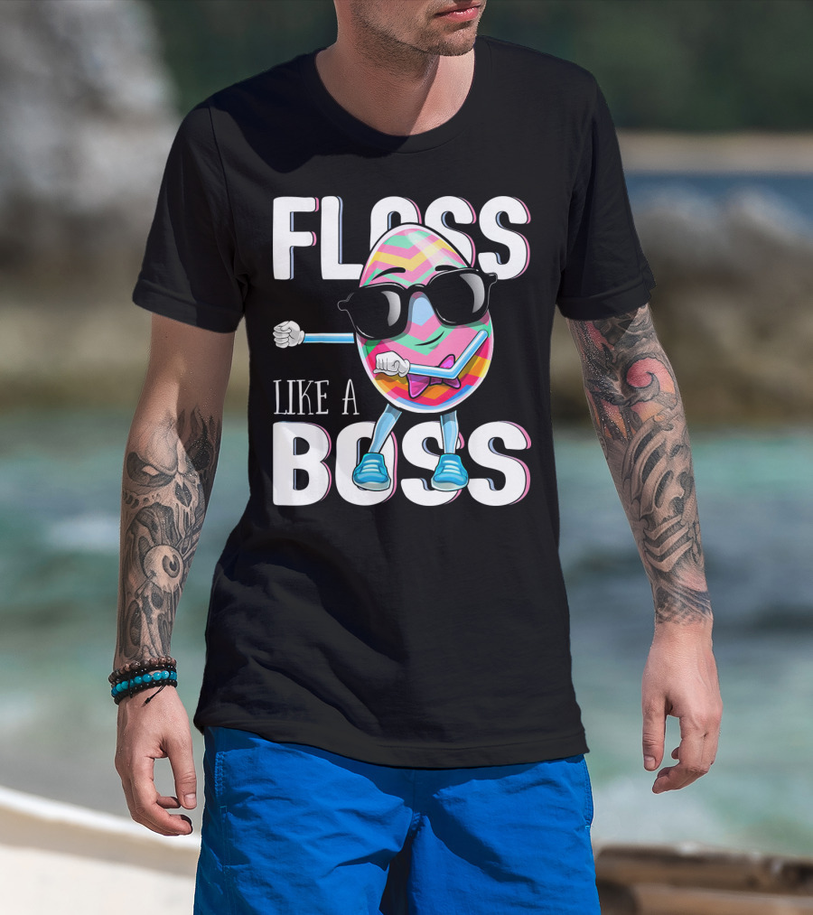 FLOSS LIKE A BOSS Flossing Easter Egg With Sunglasses And Colorful Stripes T-Shirt