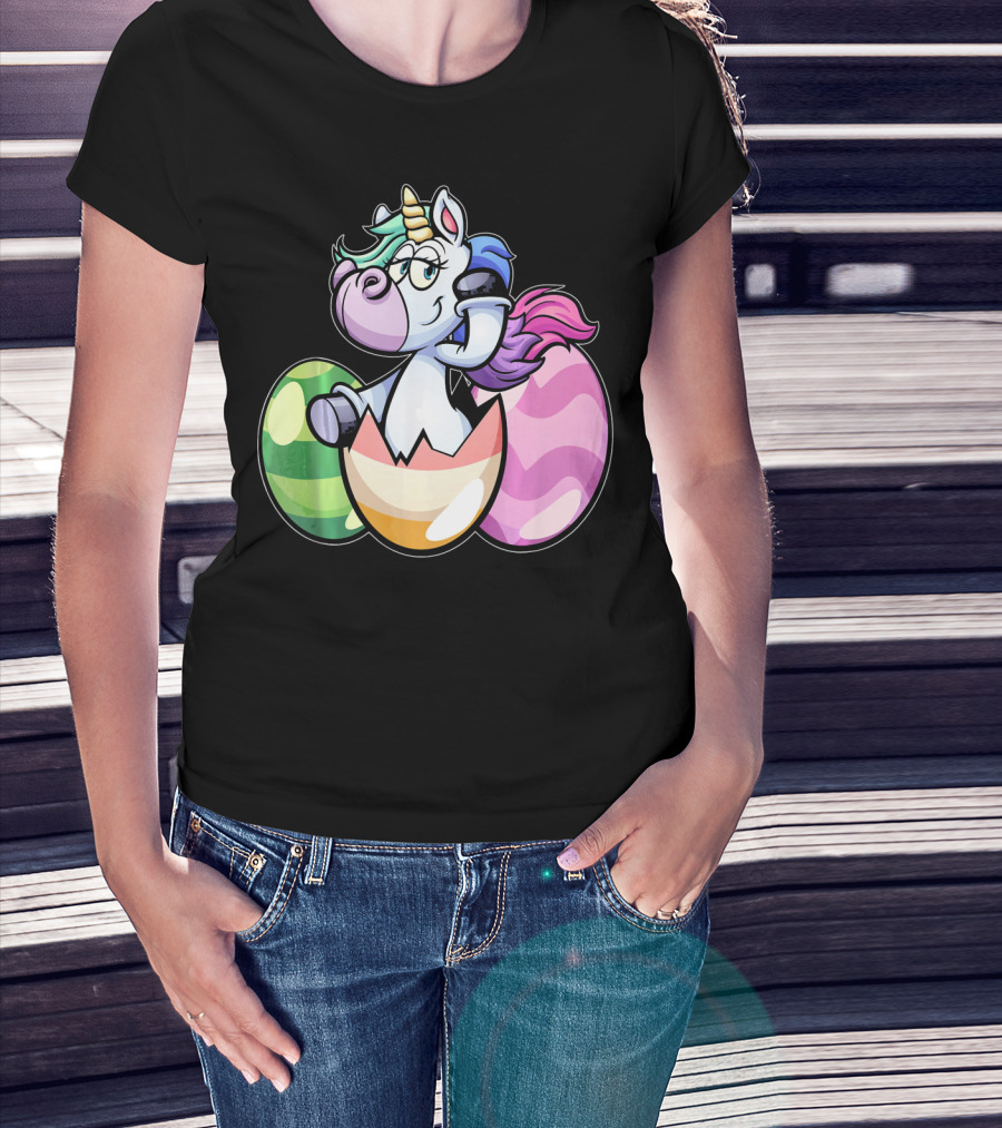 Easter Unicorn Hatching From Colorful Eggs Girls T-Shirt