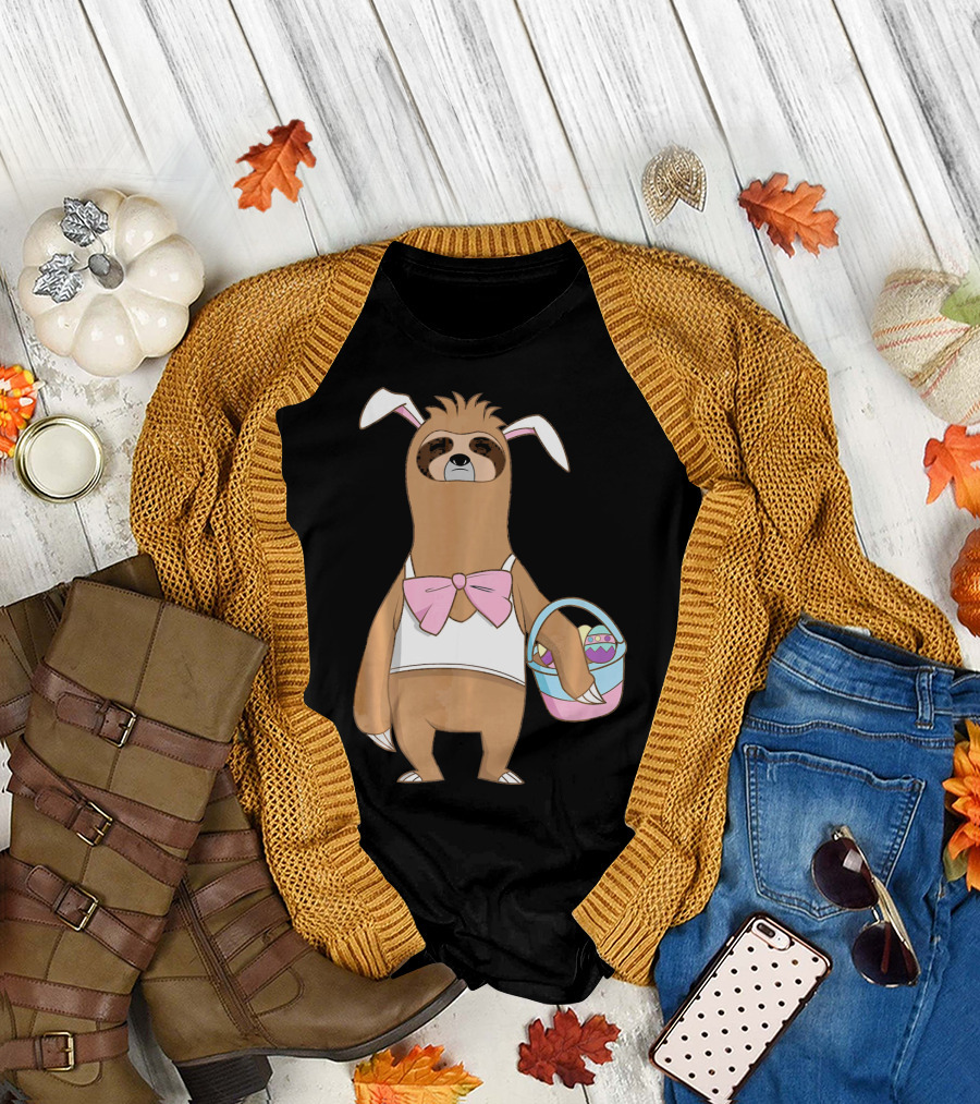 Sloth Easter Bunny Lazy Rabbit with Basket of Eggs T-Shirt