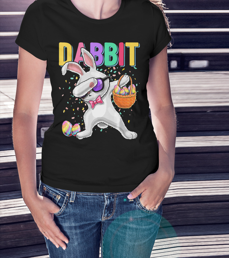 Dabbit Dabbing Easter Bunny With Eggs Basket And Confetti T-Shirt