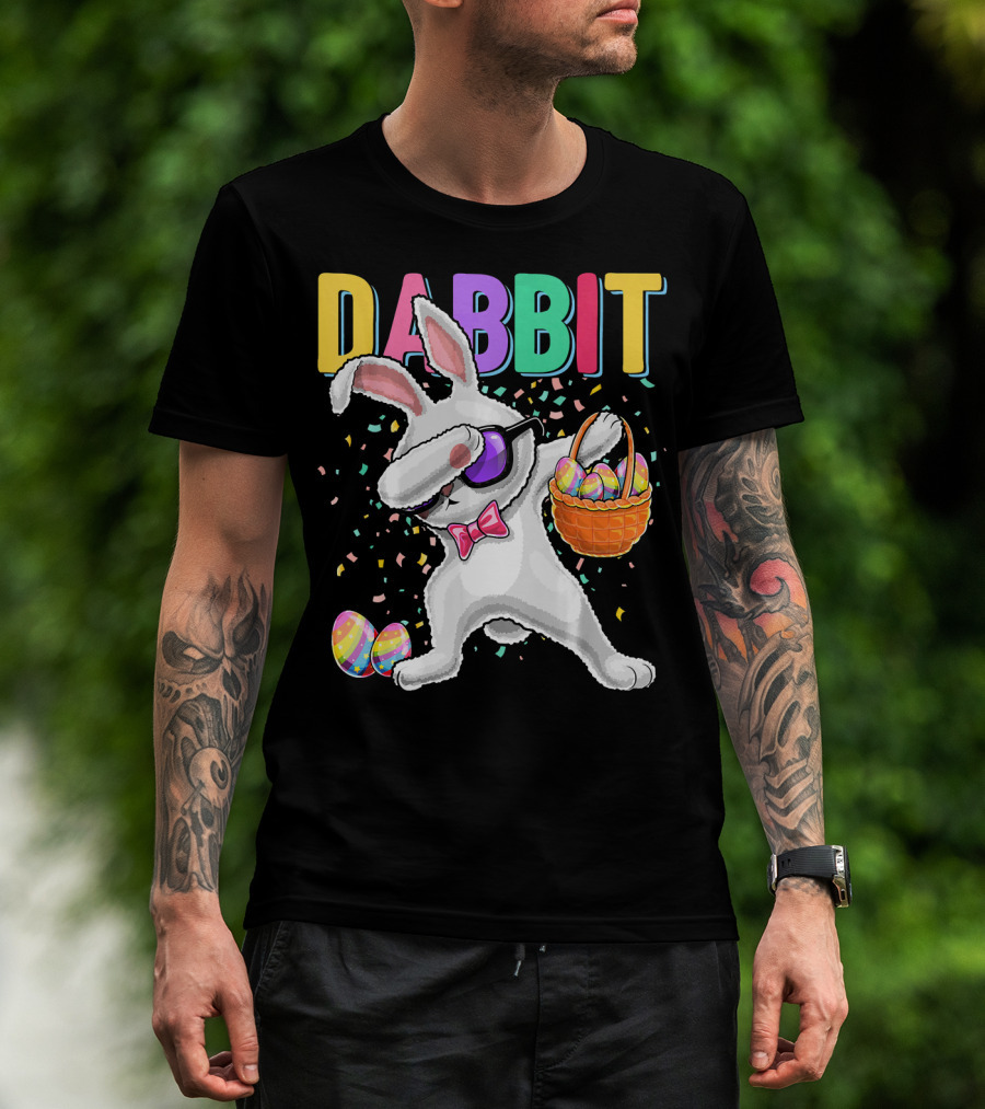Dabbit Dabbing Easter Bunny With Eggs Basket And Confetti T-Shirt