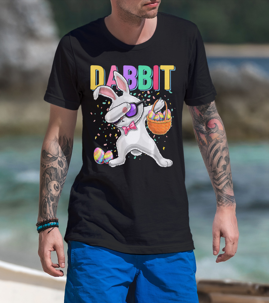 Dabbit Dabbing Easter Bunny With Eggs Basket And Confetti T-Shirt
