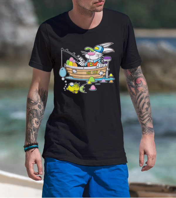 Fun Easter Bunny Fishing USS Hop With Eggs And Colorful Fish T-Shirt