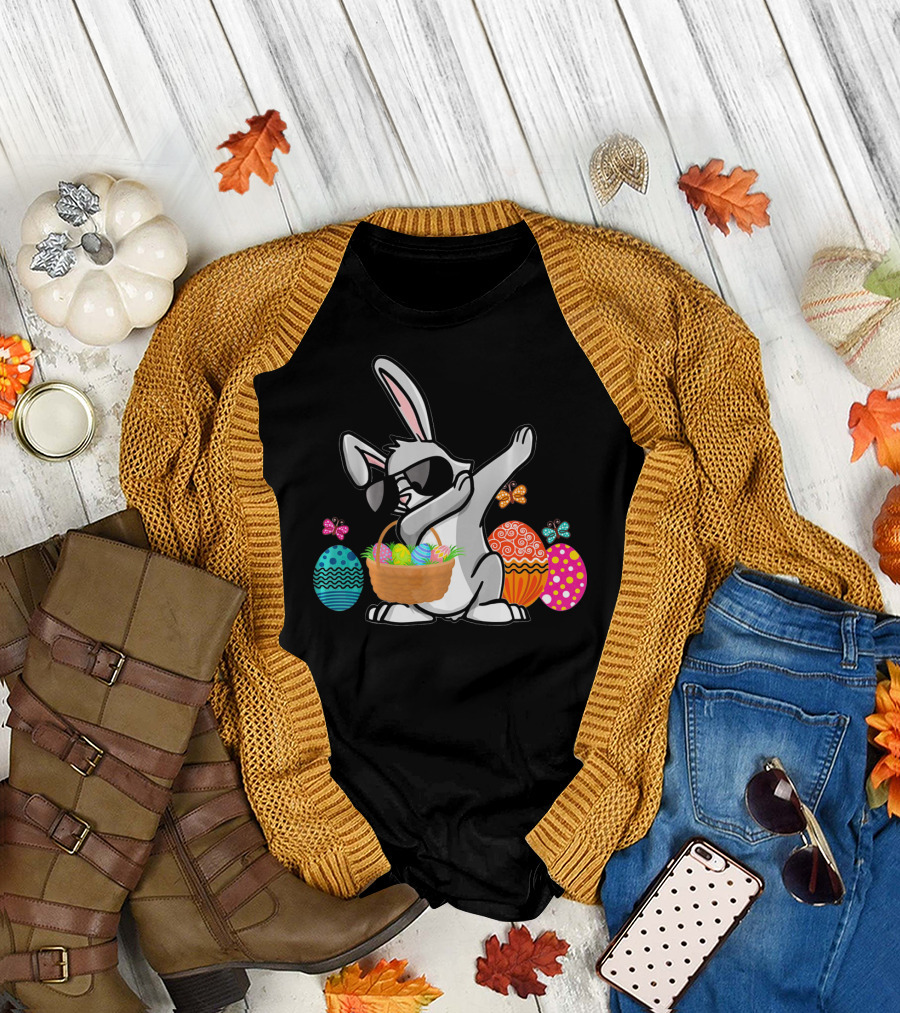 Dabbing Easter Bunny with Sunglasses and Basket Among Colorful Easter Eggs T-Shirt