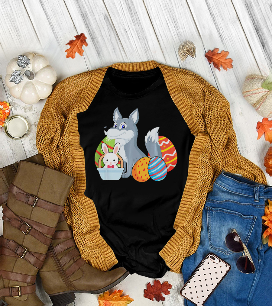 Easter Wolf Happy Bunny with Colorful Eggs T-Shirt