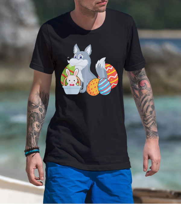 Easter Wolf Happy Bunny With Colorful Eggs T-Shirt