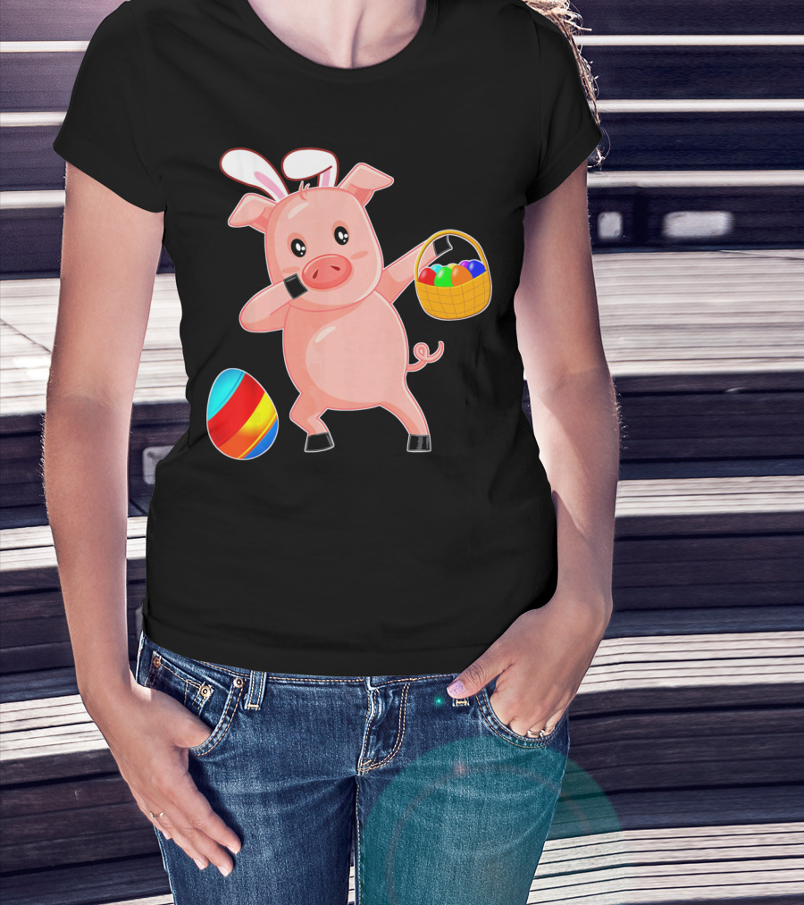 Easter Bunny Dabbing Pig With Colorful Egg Basket T-Shirt