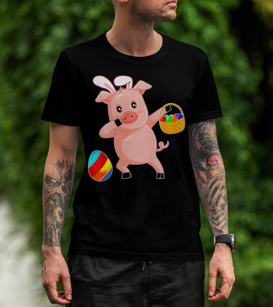 Easter Bunny Dabbing Pig With Colorful Egg Basket T-Shirt