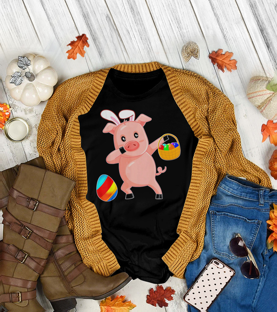 Easter Bunny Dabbing Pig with Colorful Egg Basket T-Shirt