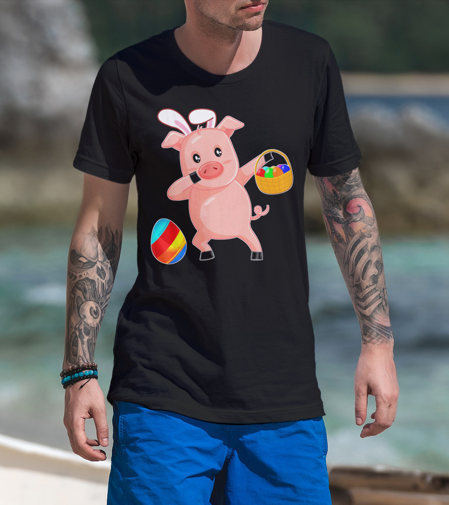 Easter Bunny Dabbing Pig With Colorful Egg Basket T-Shirt