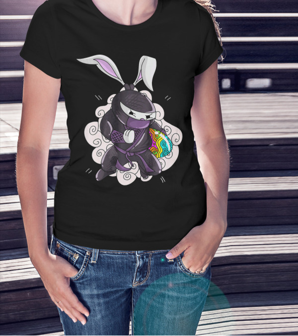Easter Bunny Ninja Holding Colorful Egg In Cute Little Egg Hunt Scene T-Shirt