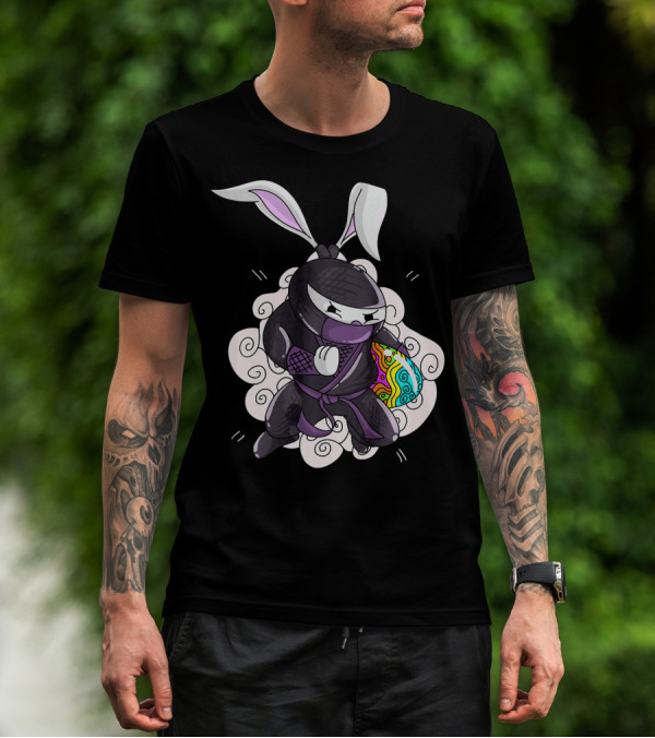 Easter Bunny Ninja Holding Colorful Egg In Cute Little Egg Hunt Scene T-Shirt