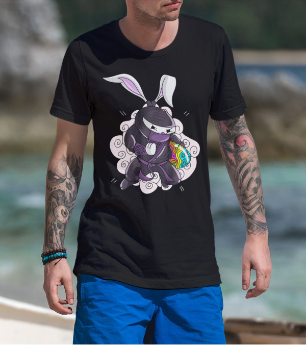 Easter Bunny Ninja Holding Colorful Egg In Cute Little Egg Hunt Scene T-Shirt