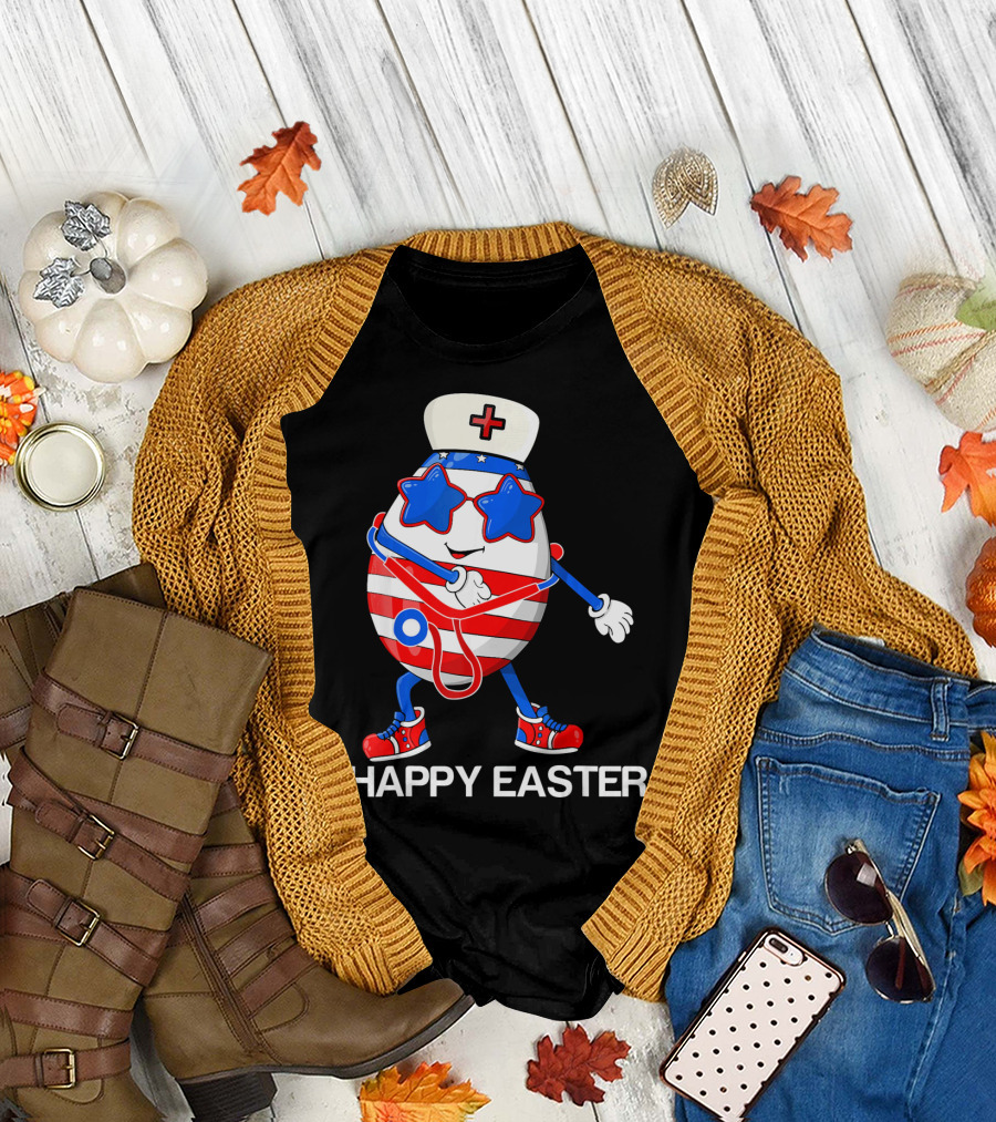 Happy Easter Flossing Egg with Stethoscope Nurse Hat and Stars T-Shirt