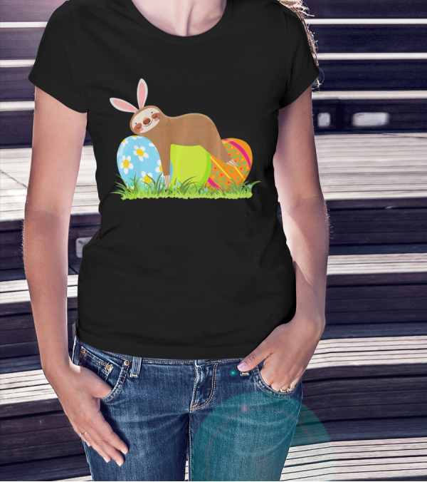 Funny Sloth Easter Day Bunny Ear Egg Decorated T-Shirt