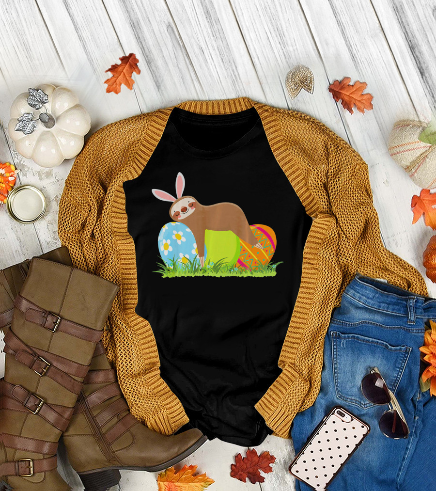 Funny Sloth Easter Day Bunny Ear Egg Decorated T-Shirt