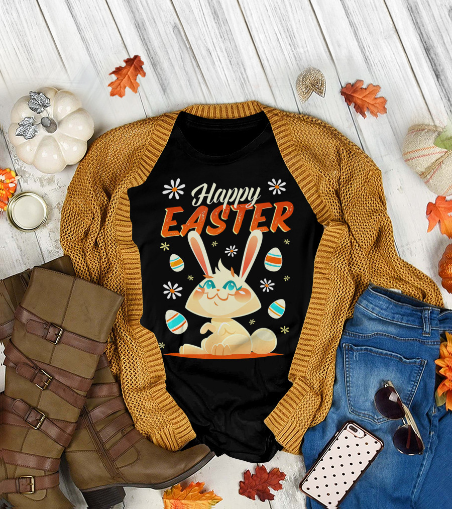Happy Easter Bunny Surrounded by Colorful Eggs and Daisies T-Shirt