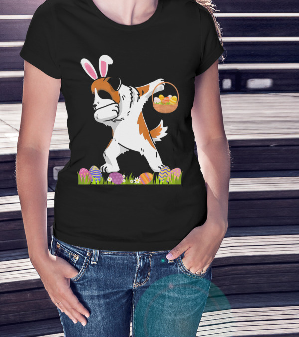 Funny Saint Bernard Dog Dabbing With Easter Bunny Ears And Basket Of Eggs T-Shirt