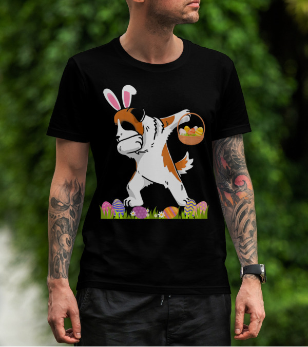 Funny Saint Bernard Dog Dabbing With Easter Bunny Ears And Basket Of Eggs T-Shirt