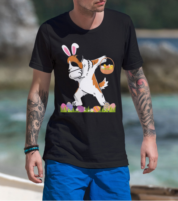 Funny Saint Bernard Dog Dabbing With Easter Bunny Ears And Basket Of Eggs T-Shirt