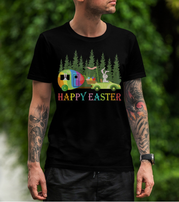 Happy Easter Bunny Driving Colorful Camper With Eggs In Forest T-Shirt