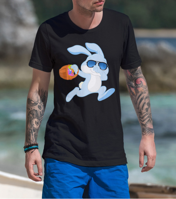 Easter Rabbit Sunglasses Holding Egg Basket T-Shirt