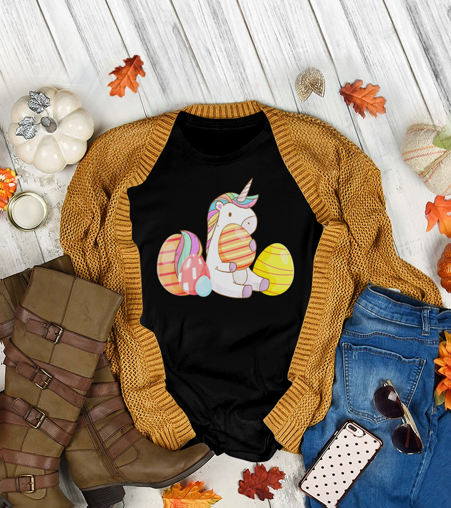 Unicorn Bunny Hugging Colorful Easter Eggs T-Shirt